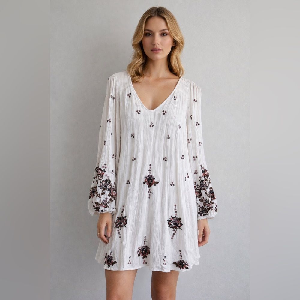 Free People Boho Embroidered Dress White Long Sleeve V-Neck India Festival M